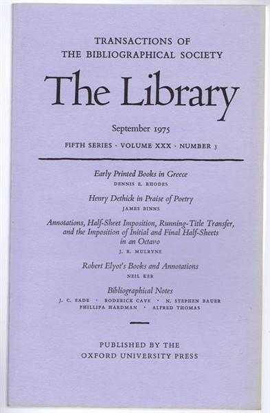 Edited by Peter Davison - The Transactions of the Bibliographical Society, The Library, Fifth Series, Volume XXX, Number 3 September 1975,