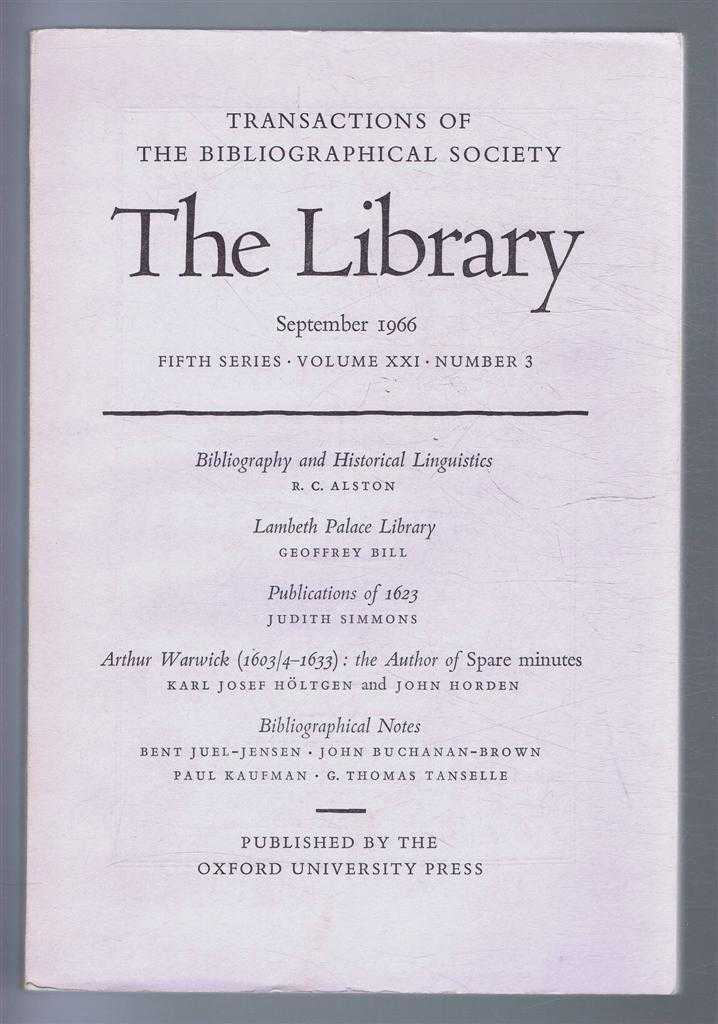 edited by R A Sayce - The Transactions of the Bibliographical Society, The Library, Fifth Series Volume XXI, No. 3, September 1966