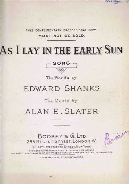 Words by Edward Shanks, Music by Alan E Slater - As I Lay in the Early Sun, song