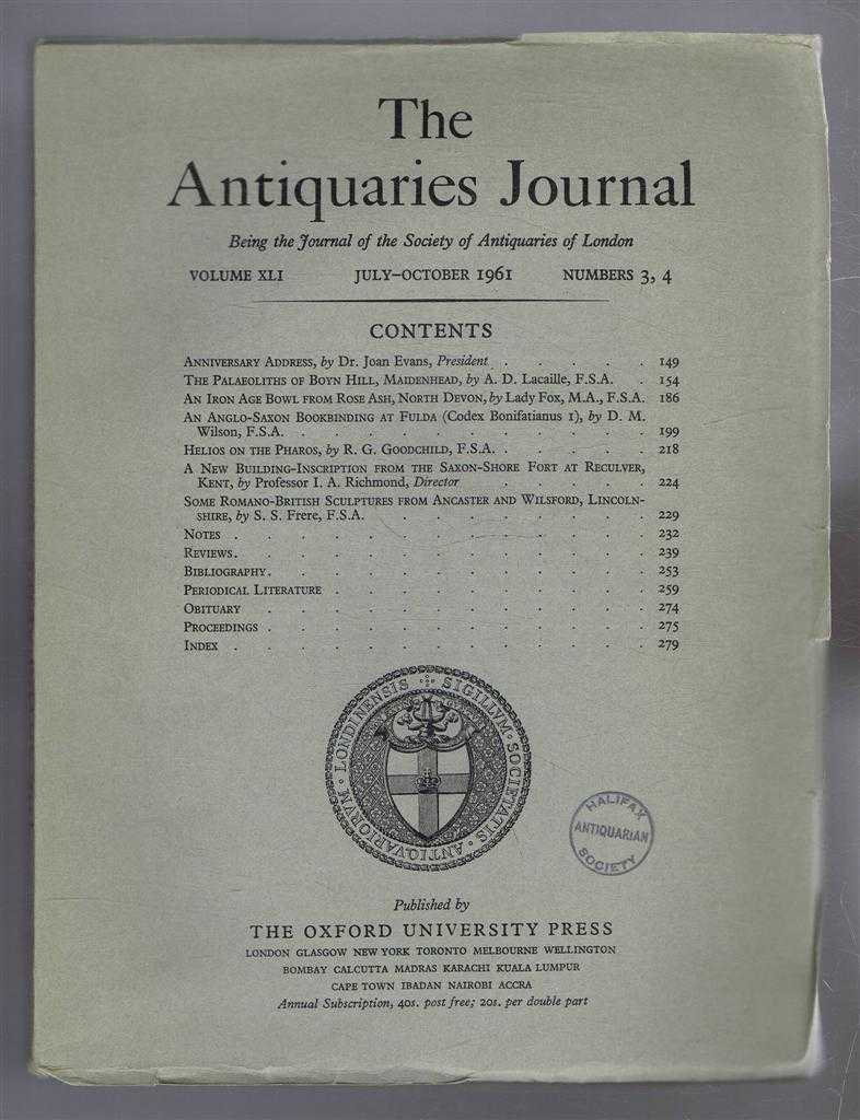 Dr Joan Evans; A D Lacaille; etc. - The Antiquaries Journal, Being the Journal of The Society of Antiquaries of London, Volume XLI, 1961, Numbers 3 and 4. July and October 1961