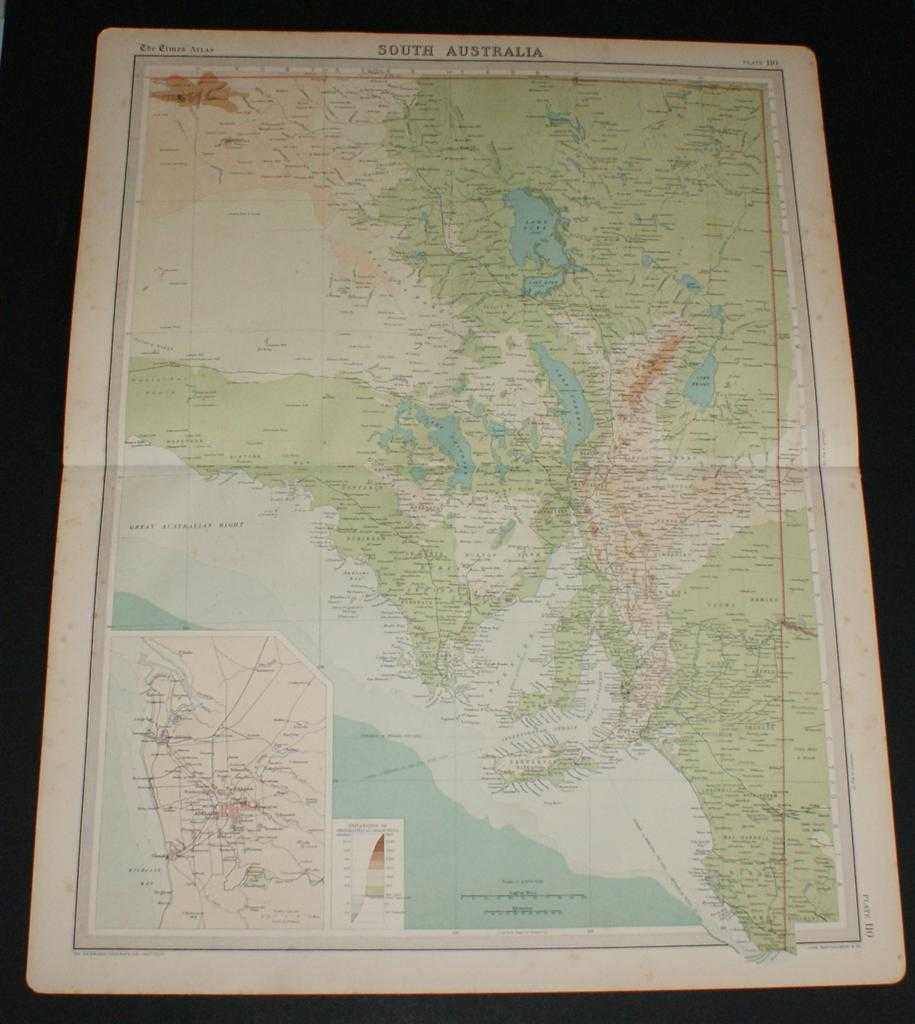 The Times and J. G. Bartholomew - Map of South Australia from the 1920 Times Survey Atlas (Plate 110) including inset map of Adelaide and Environs