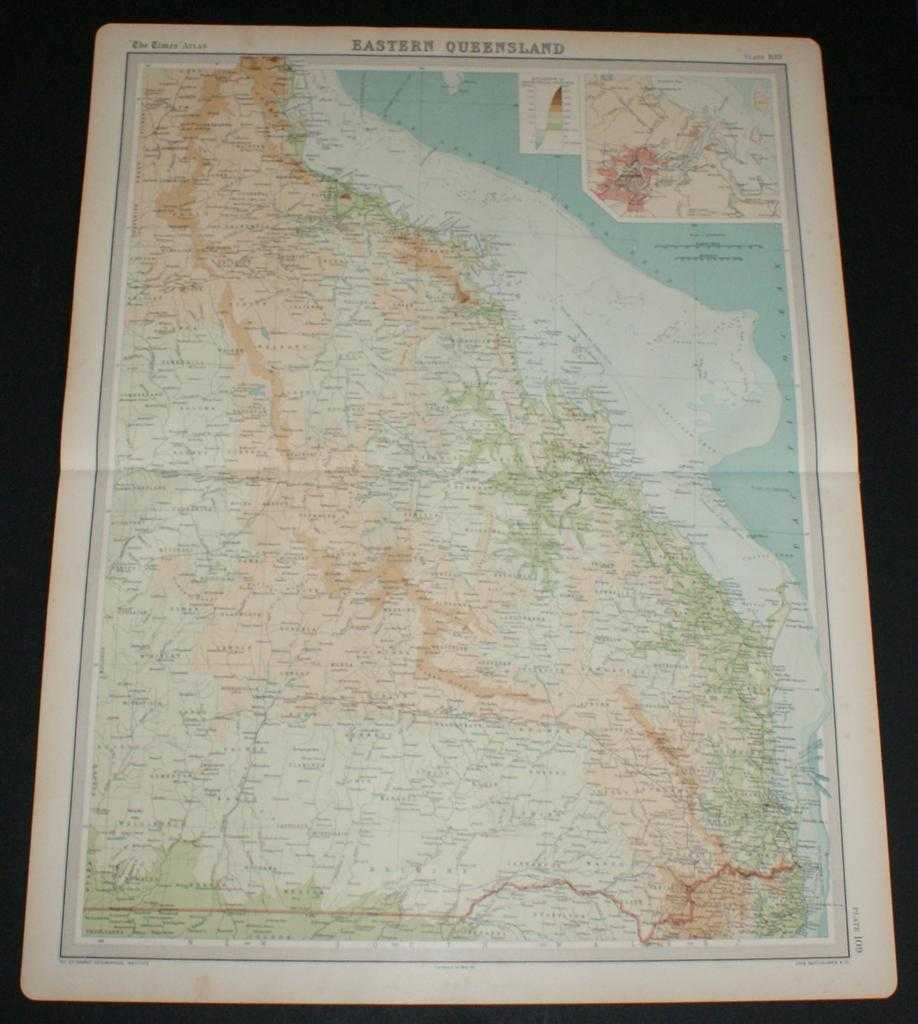 The Times and J. G. Bartholomew - Map of Eastern Queensland, Australia from the 1920 Times Survey Atlas (Plate 109) including inset map of Brisbane and Environs