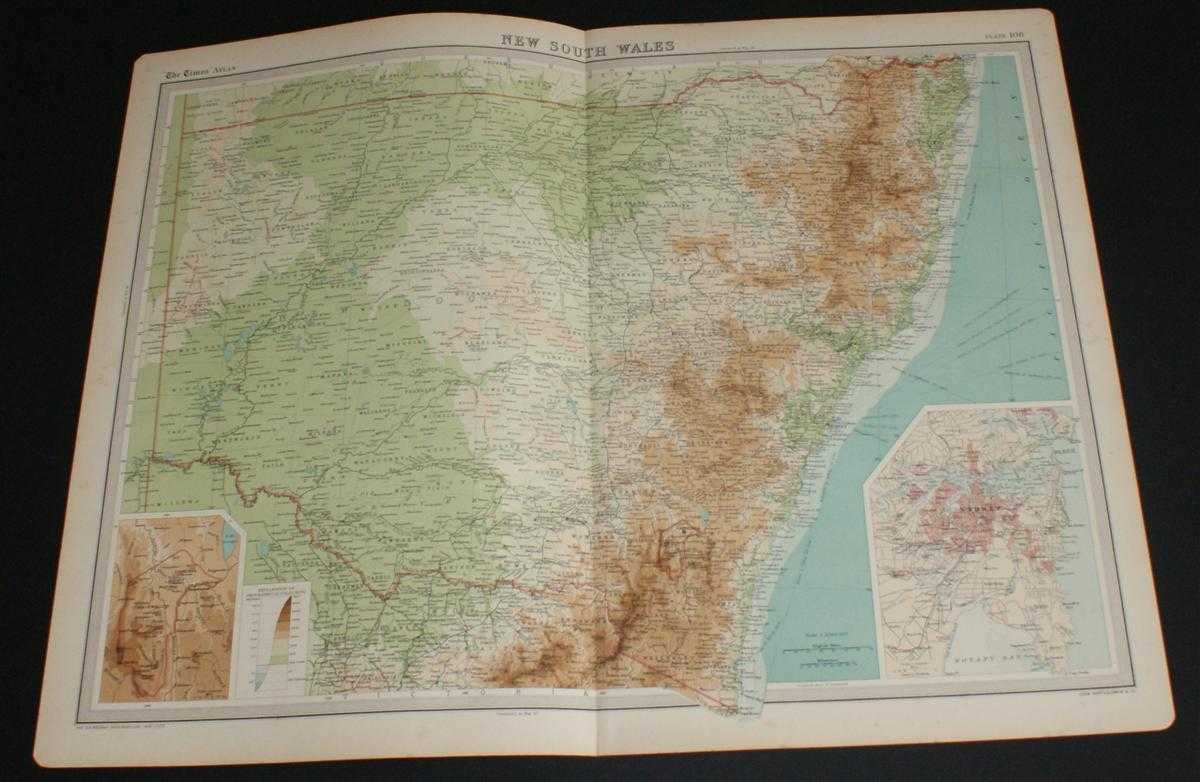 The Times and J. G. Bartholomew - Map of New South Wales, Australia from the 1920 Times Survey Atlas (Plate 108) including inset maps of Canberra and Sydney and environs