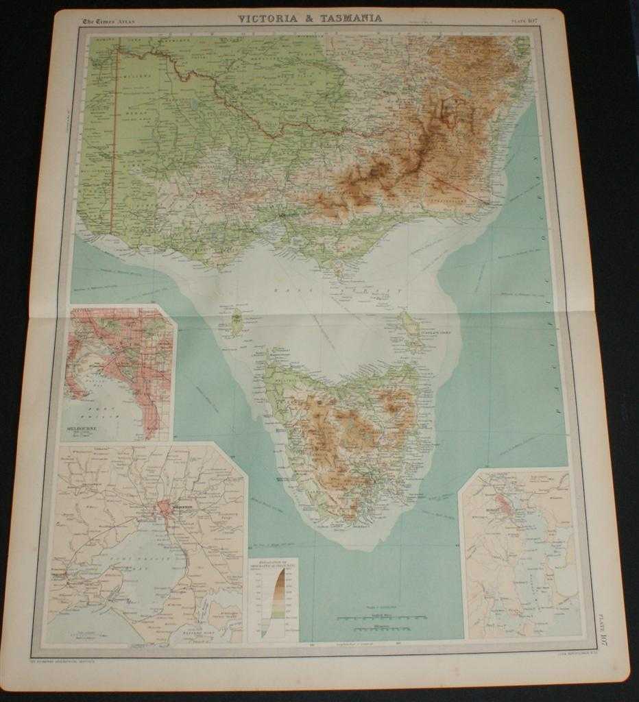 The Times and J. G. Bartholomew - Map of Victoria and Tasmania, Australia from the 1920 Times Survey Atlas (Plate 107) including inset maps of Melbourne and Hobart and environs