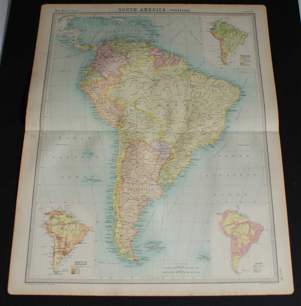 The Times and J. G. Bartholomew - Map of South America from the 1920 Times Survey Atlas (Plate 104 South America - Political) Including Inset Maps for Population Density, Race and Vegetation