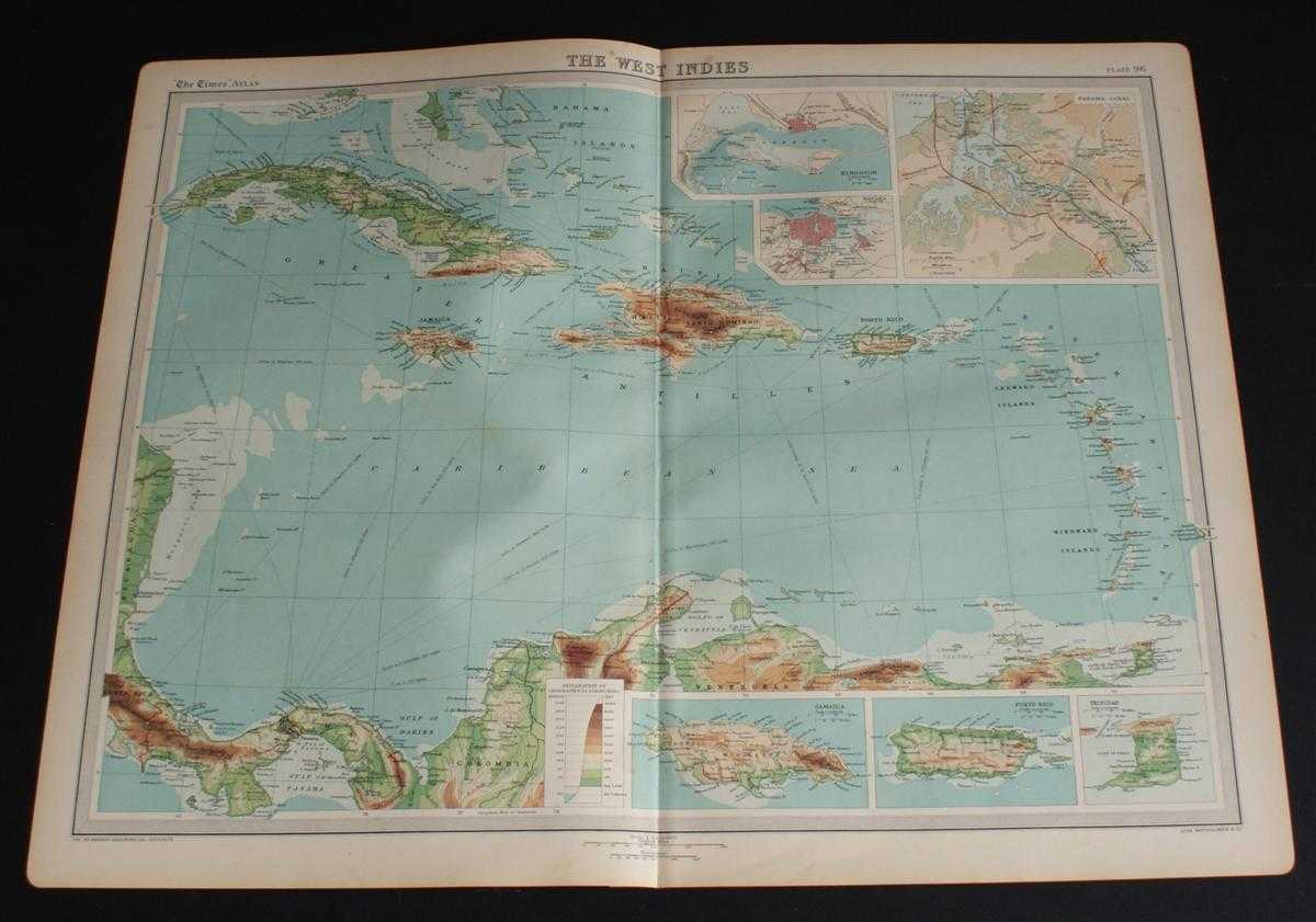 The Times and J. G. Bartholomew - Map of The West Indies from the 1920 Times Survey Atlas (Plate 96) with Inset Maps of Kingston, Havana, Panama Canal, Jamaica, Porto Rico and Trinidad at larger scales