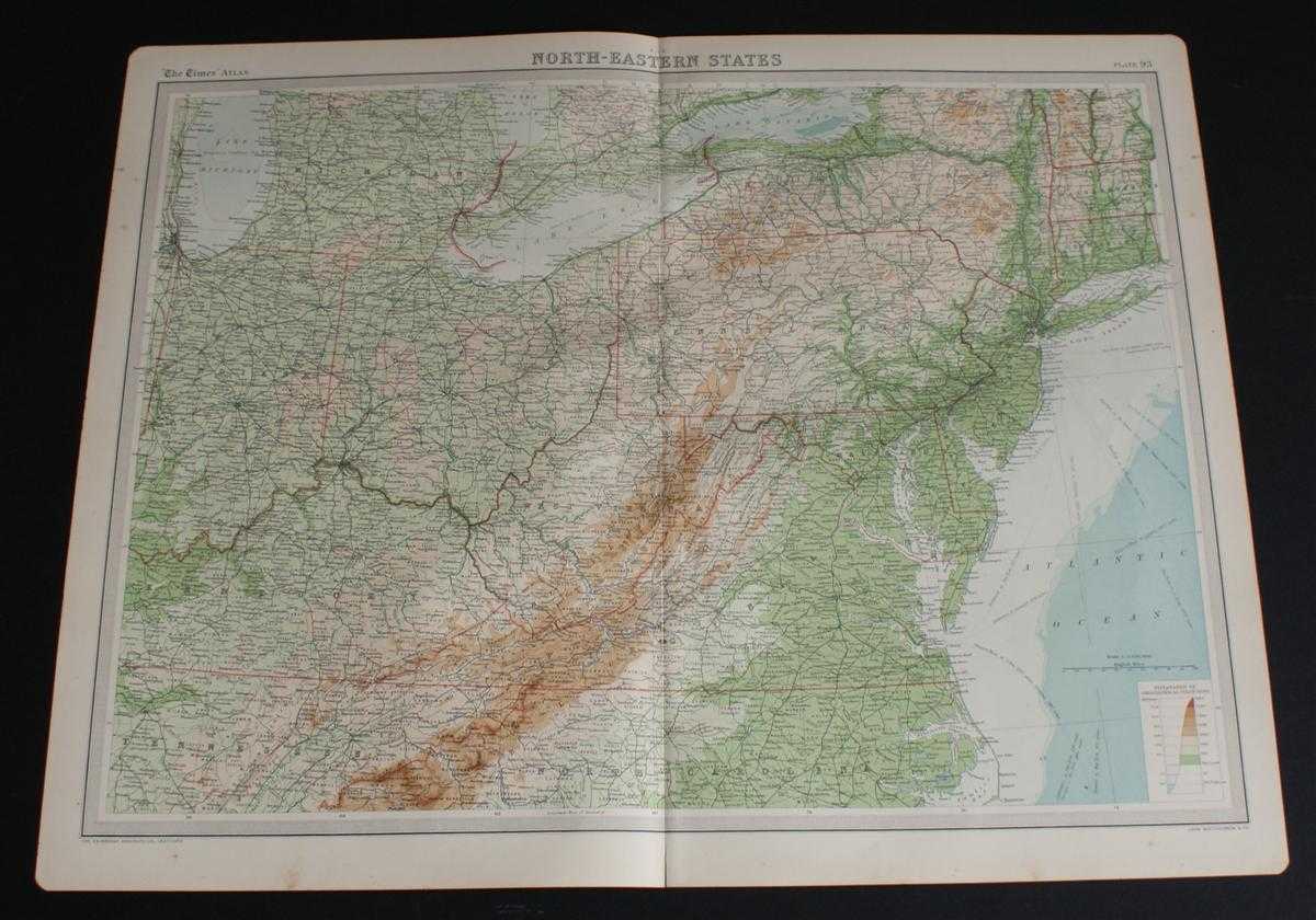 The Times and J. G. Bartholomew - Map of North-Eastern States from the 1920 Times Survey Atlas (Plate 93) including Michigan, New York, Pensylvania, Indiana, Ohio, West Virginia, etc.