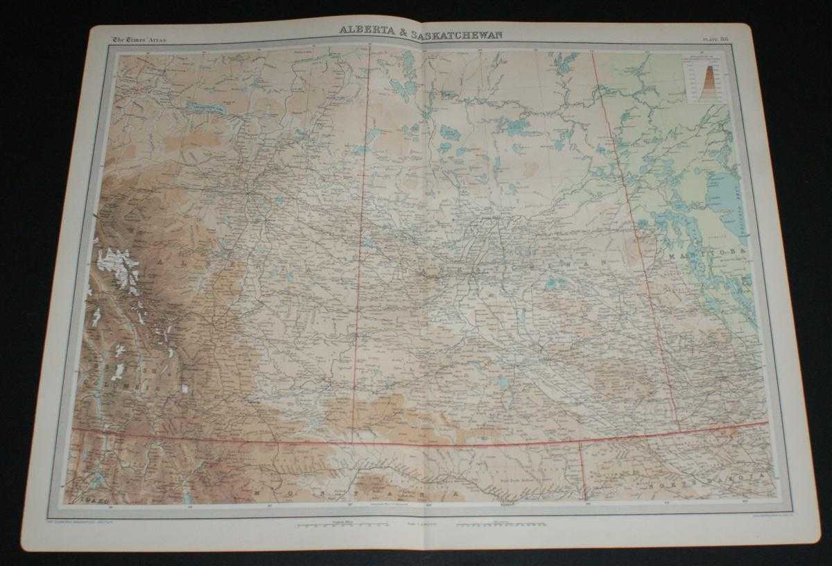 The Times and J. G. Bartholomew - Map of Alberta and Saskatchewan, Canada from the 1920 Times Survey Atlas (Plate 88) including part of Manitoba