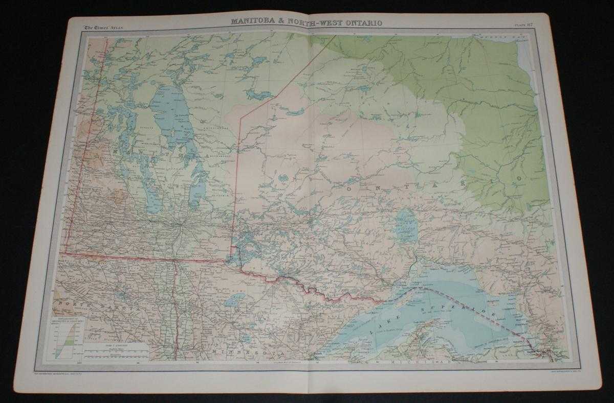 The Times and J. G. Bartholomew - Map of Manitoba and North-West Ontario, Canada from the 1920 Times Survey Atlas (Plate 87)