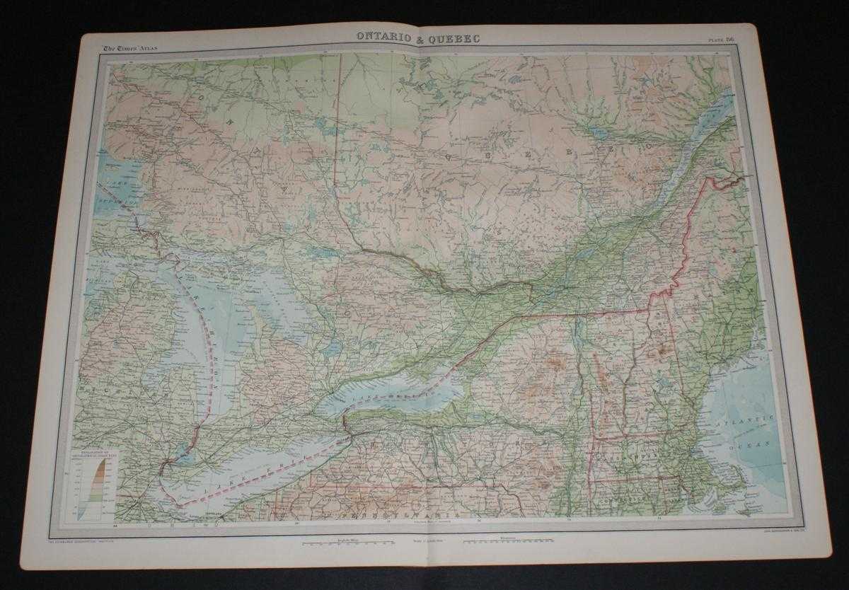 The Times and J. G. Bartholomew - Map of Ontario and Quebec, Canada from the 1920 Times Survey Atlas (Plate 86) including Lake Huron, Niagara Falls, Quebec, Montreal, Ottawa, Toronto, Boston and Detroit