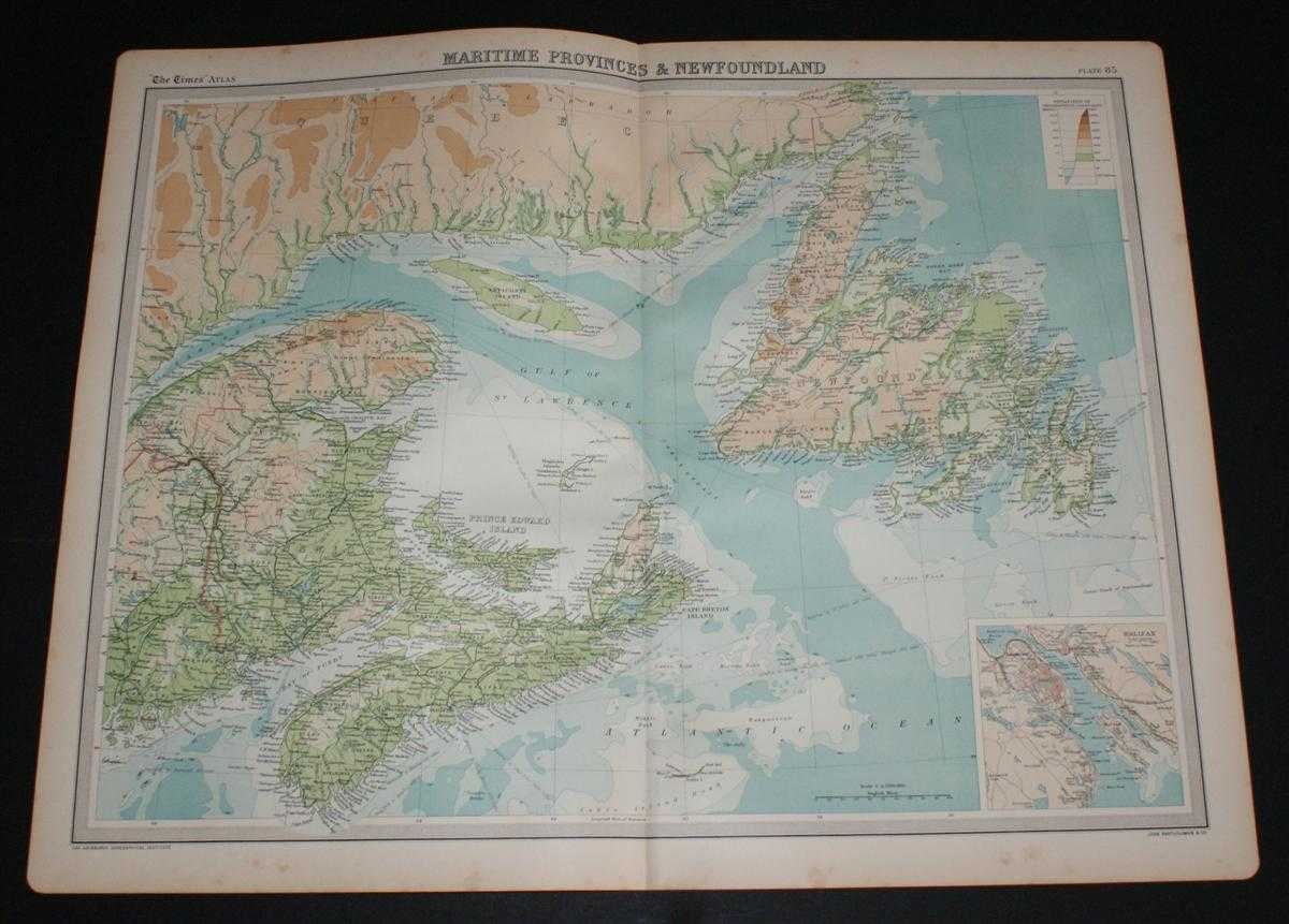 The Times and J. G. Bartholomew - Map of Maritime Provinces and Newfoundland, Canada from the 1920 Times Survey Atlas (Plate 85) including Prince Edward Island, Anticost Island, New Brunswick, Nova Scotia, Cape Breton Island and the Gulf of St. Lawrence