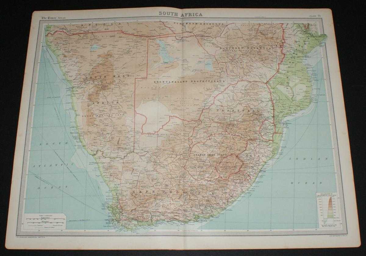The Times and J. G. Bartholomew - Map of South Africa from the 1920 Times Survey Atlas (Plate 71) including Cape Province, Orange Free State, Transvaal, Bechuanaland Protectorate, Southern Rhodesia, South West Africa, Swaziland, Natal, Portuguese East Africa, etc.