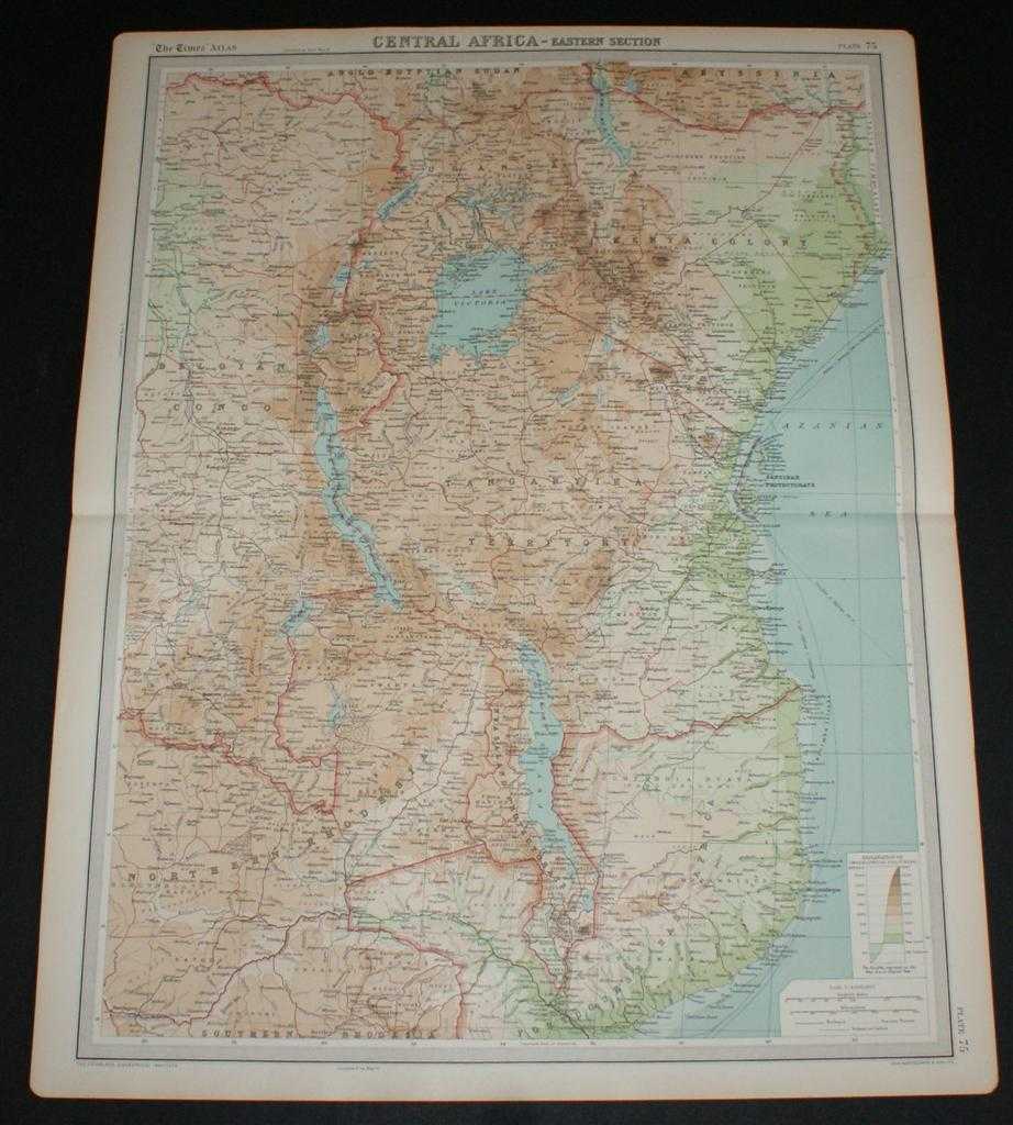 The Times and J. G. Bartholomew - Map of Central Africa - Eastern Section from the 1920 Times Survey Atlas (Plate 75) including Lake Victoria, Uganda, Kenya Colony, Tanganyika Territory, Belgian Congo (part), Northern Rhodesia (part), Nyasaland Protectorate, etc.