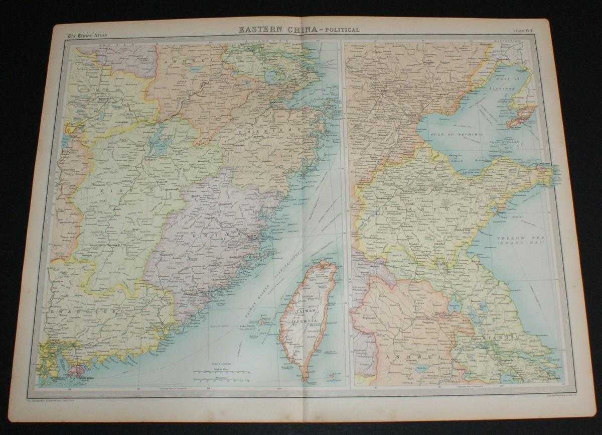 The Times and J. G. Bartholomew - Map of Eastern China from the 1920 Times Survey Atlas (Plate 64) including Hankow, Anking, Nanking, Hangchow, Shanghai, Ningpo, Foochow, Canton, Hong Kong, Peking, Tientsin, Tsinan, Amoy and Taiwan (Formosa)