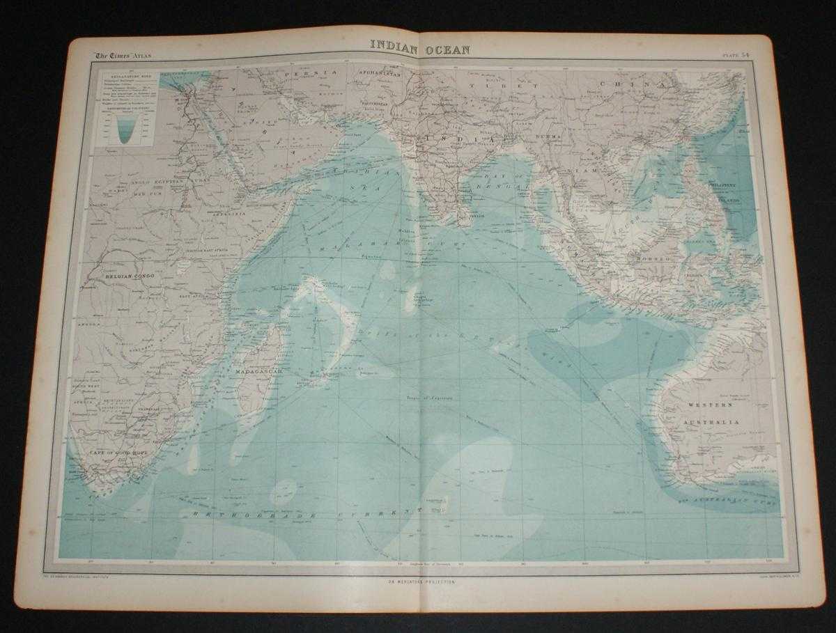 The Times and J. G. Bartholomew - Map of the Indian Ocean from the 1920 Times Survey Atlas (Plate 54) including currents and shipping routes