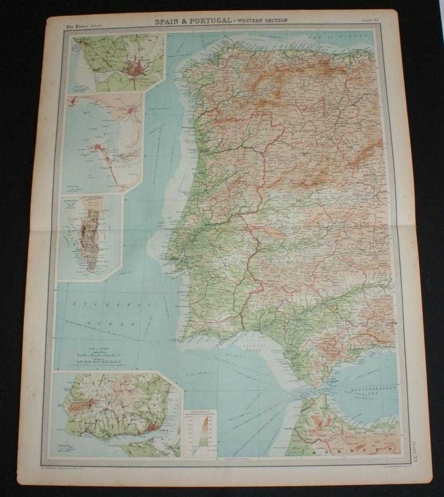 The Times and J. G. Bartholomew - Map of Portugal and Western Spain from 1920 Times Atlas (Plate 33 