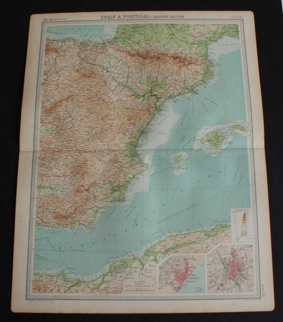 The Times and J. G. Bartholomew - Map of Eastern Spain including the Pyrenees, Andorra and the Balearic Islands from 1920 Times Atlas (Plate 34 