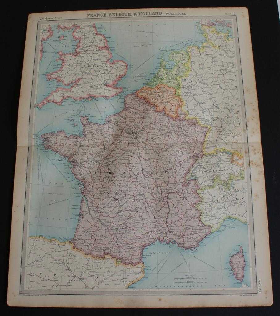 The Times and J. G. Bartholomew - Map of France, Belgium, Holland, England, Wales, Switzerland, Andorra and Luxemburg from 1920 Times Atlas (Plate 32 