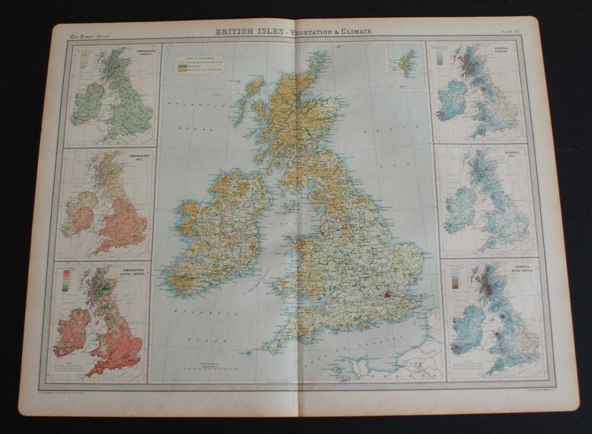 The Times and J. G. Bartholomew - Vegetation and Climate (Rainfall and Temperature) Map of the British Isles from the 1920 Times Atlas (Plate 15)
