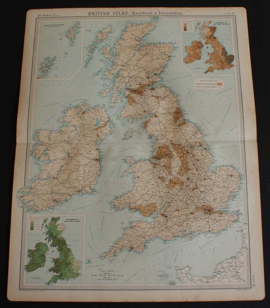 The Times and J. G. Bartholomew - Railways and Industrial Map of the British Isles from the 1920 Times Atlas (Plate 16) with inset maps showing Distribution of Land Under Pasture and Cultivation