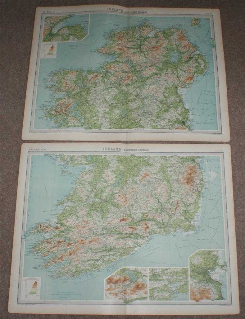 The Times and J. G. Bartholomew - Map of Ireland in two sheets from the 1920 Times Atlas (Northern Section Plate 23 and Southern Section Plate 24) with small inset plans of Dublin, Belfast, Cork and Killarney
