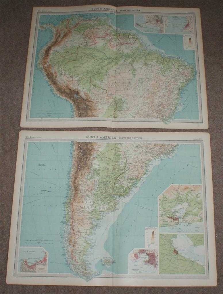 The Times and J. G. Bartholomew - Map of South America in two sheets from the 1920 Times Atlas (Northern Section Plate 99 and Southern Section Plate 100) with small inset plans of Lima, Bahia, Valparaiso, Montevideo, Rio de Janeiro and Buenos Aires