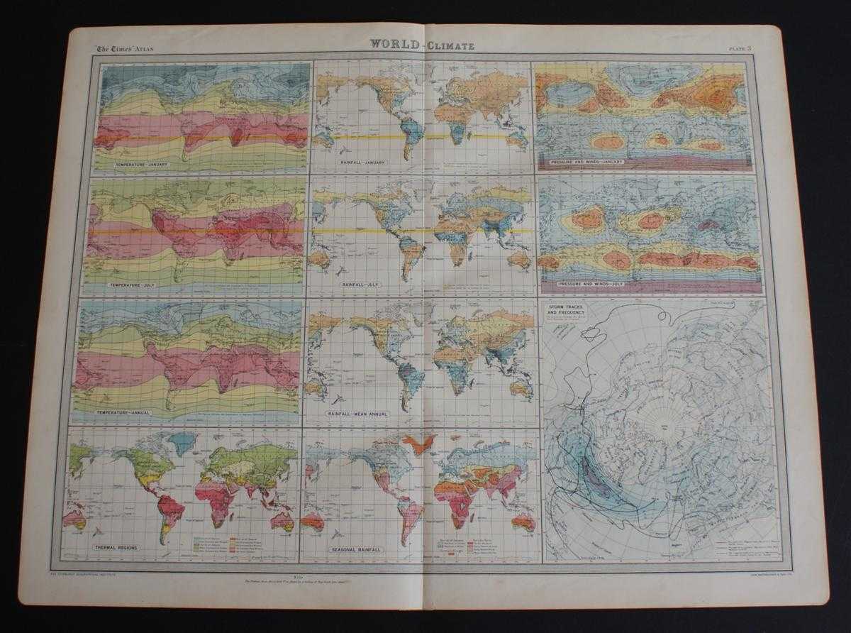 The Times and J. G. Bartholomew - World Climate Maps from the 1920 Times Atlas (Plate 3) - single sheet containing 11 small maps depicting World Temperature levels, Rainfall and Pressure and Winds
