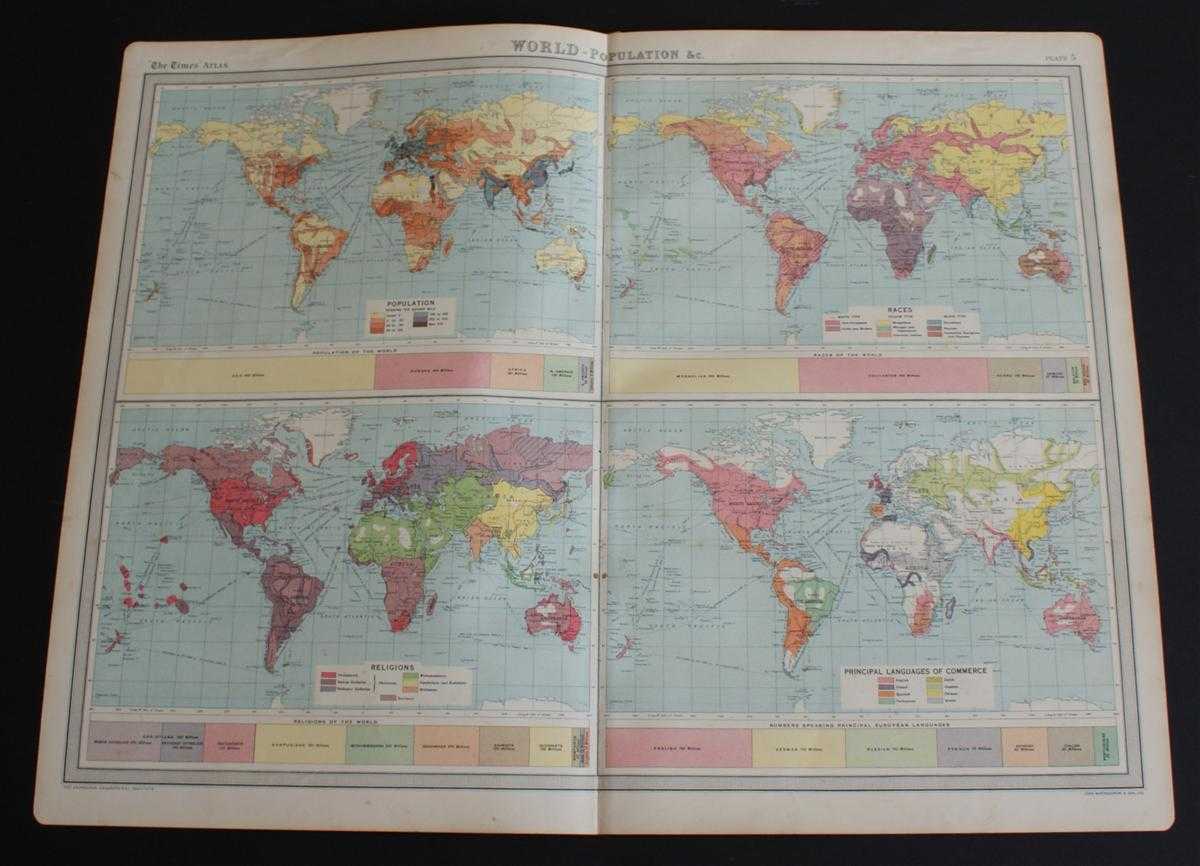 The Times and J. G. Bartholomew - World Maps showing Population, Races, Religions and Principal Languages of Commerce from the 1920 Times Atlas (Plate 5) - single sheet containing 4 maps