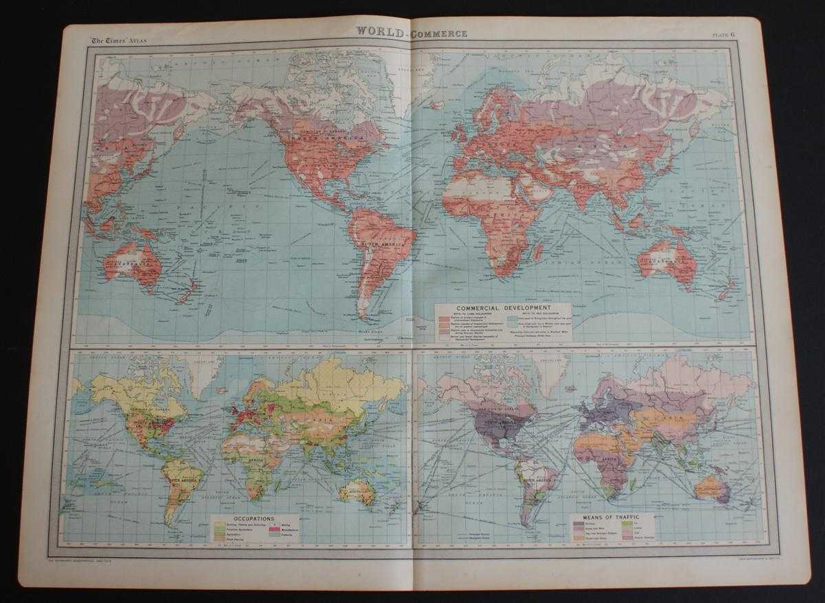 The Times and J. G. Bartholomew - World Maps showing Commerce from the 1920 Times Atlas (Plate 6) - single sheet containing 3 maps; Commercial Development, Occupations and Means of Traffic