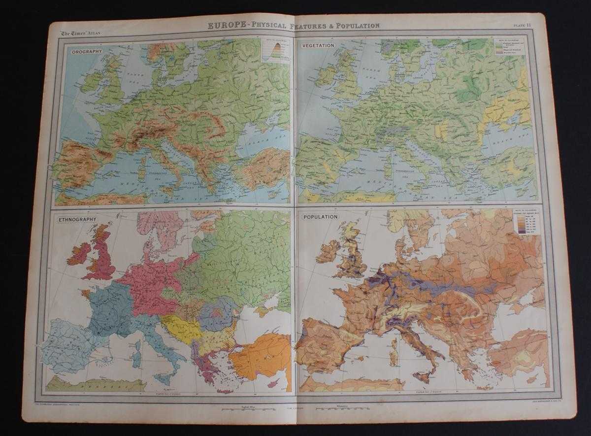 The Times and J. G. Bartholomew - Maps of Europe showing Orography, Vegetation, Ethnography and Population from the 1920 Times Atlas (Plate 11 
