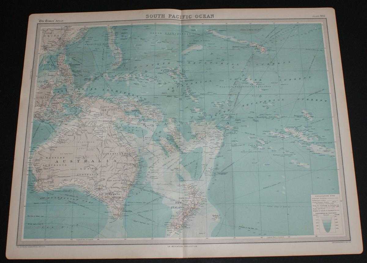 The Times and J. G. Bartholomew - Map of South Pacific Ocean from the 1920 Times Atlas (Plate 102) including Australia, Hawaii, Papua New Guinea, Philippines, New Zealand, Fiji, Tonga, New Hebrides, Caroline Islands, East Indian Archipelago, Marquesas Islands, etc.