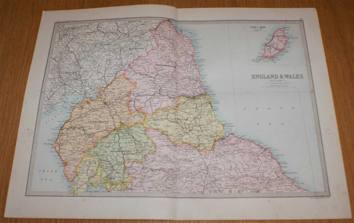 John Bartholomew - Map of England & Wales (Section 1) covering Northumberland, Durham, Cumberland, Westmorland, Scottish Border, etc. with inset of Isle of Man - Sheet 12 Disbound from the 1890 'The Library Reference Atlas of the World'