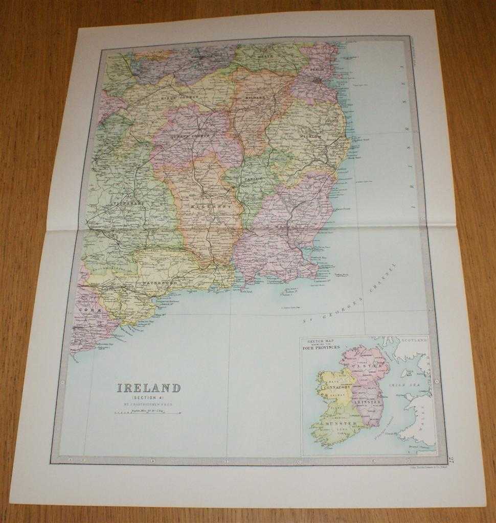 John Bartholomew - Map of Ireland (Section 4) covering the south eastern portion of Ireland with small inset map showing Four Provinces of Ireland - Sheet 27 Disbound from the 1890 'The Library Reference Atlas of the World'