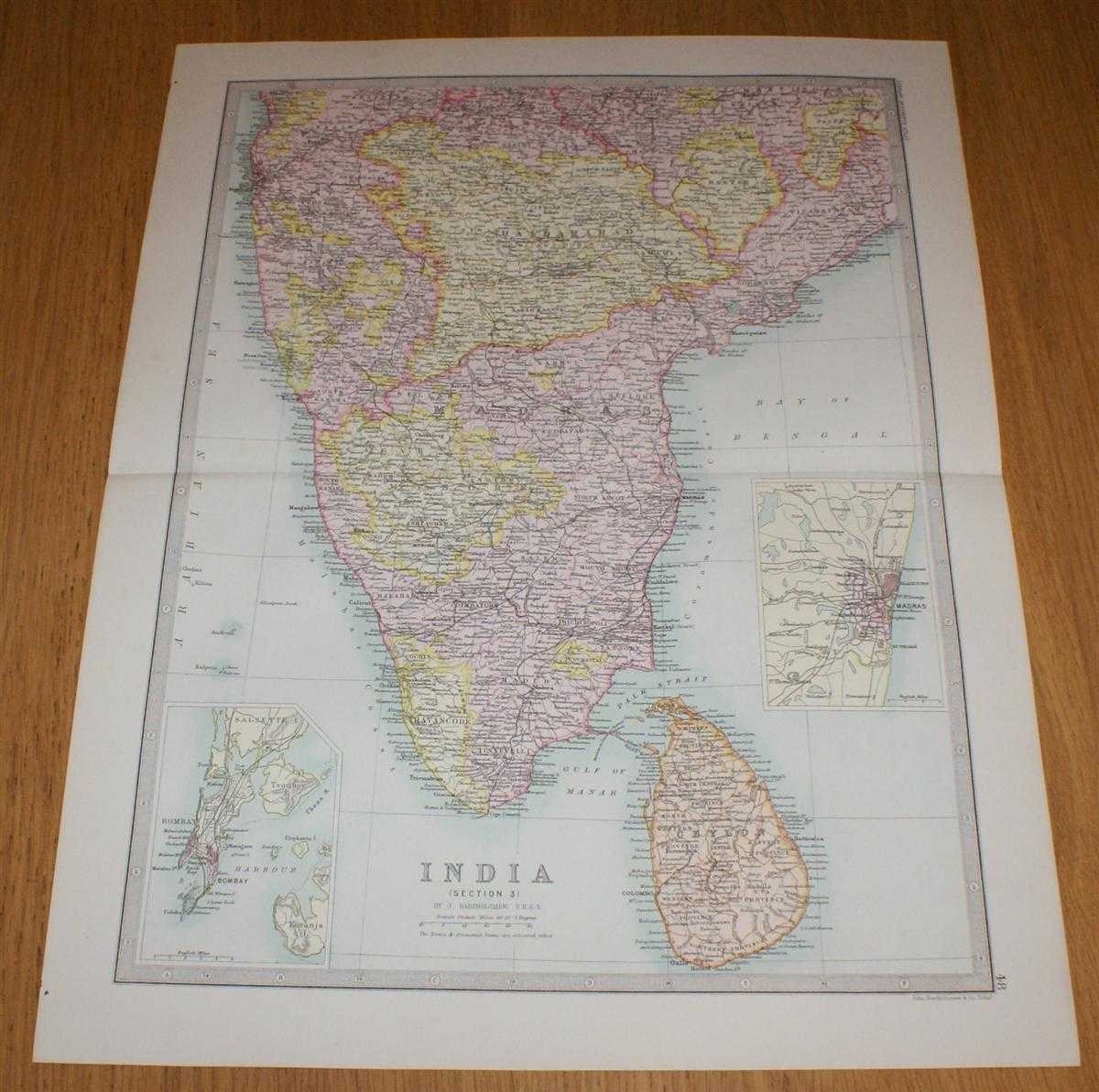 John Bartholomew - Map of India (Section 3) covering southern India and Ceylon (Sri Lanka) including small inset plans of Madras and Bombay - Sheet 48 Disbound from the 1890 'The Library Reference Atlas of the World'