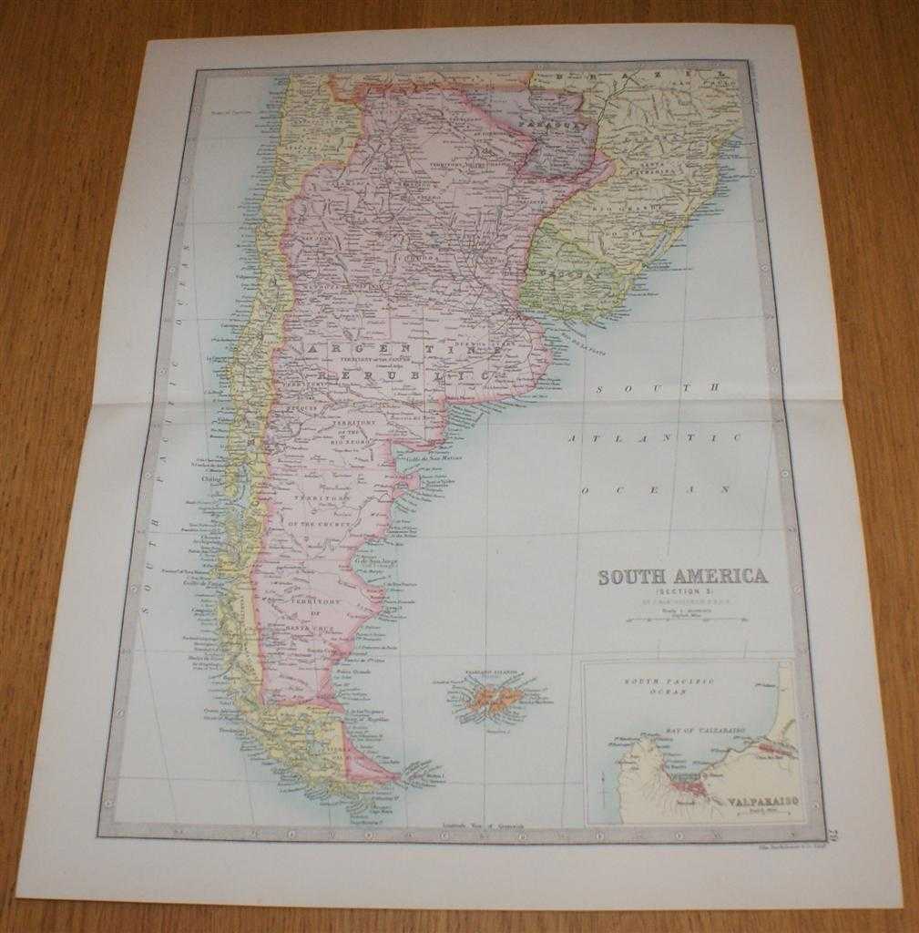 John Bartholomew - Map of South America (Section 3) covering Paraguay, Argentine Republic, Uruguay, Chile and the Falkland Islands, with small inset plan of Valparaiso - Sheet 79 Disbound from the 1890 'The Library Reference Atlas of the World'