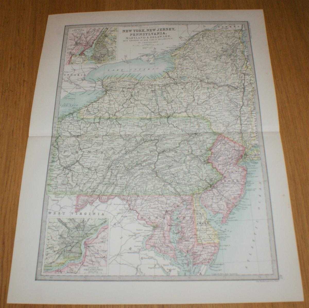 John Bartholomew - Map of New York, New Jersey, Pennsylvania, Maryland and Delaware with inset plans showing Environs of New York and Philadelphia - Sheet 67, Middle States of USA, disbound from the 1890 'The Library Reference Atlas of the World'