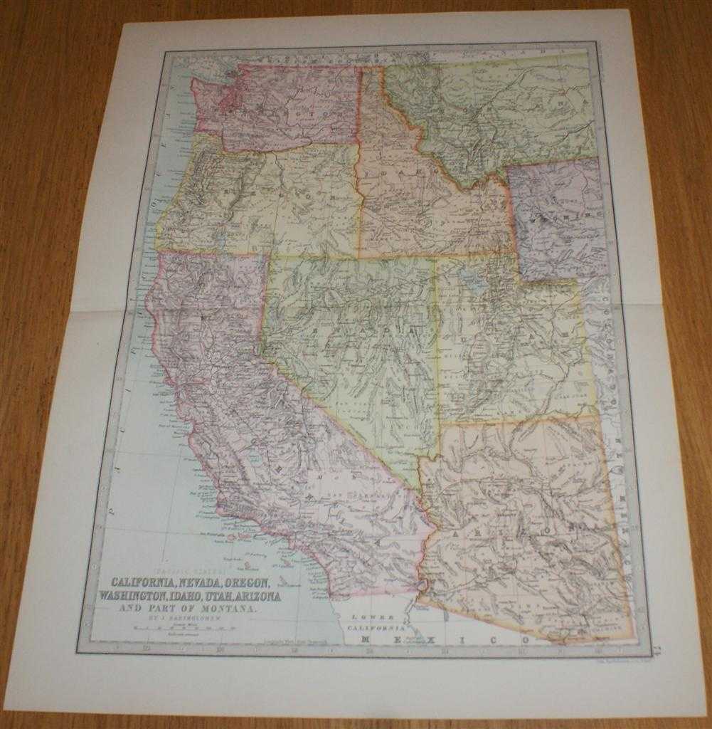 John Bartholomew - Map of California, Nevada, Oregon, Washington, Idaho, Utah, Arizona and part of Montana - Sheet 74, Pacific States of USA, disbound from the 1890 'The Library Reference Atlas of the World'
