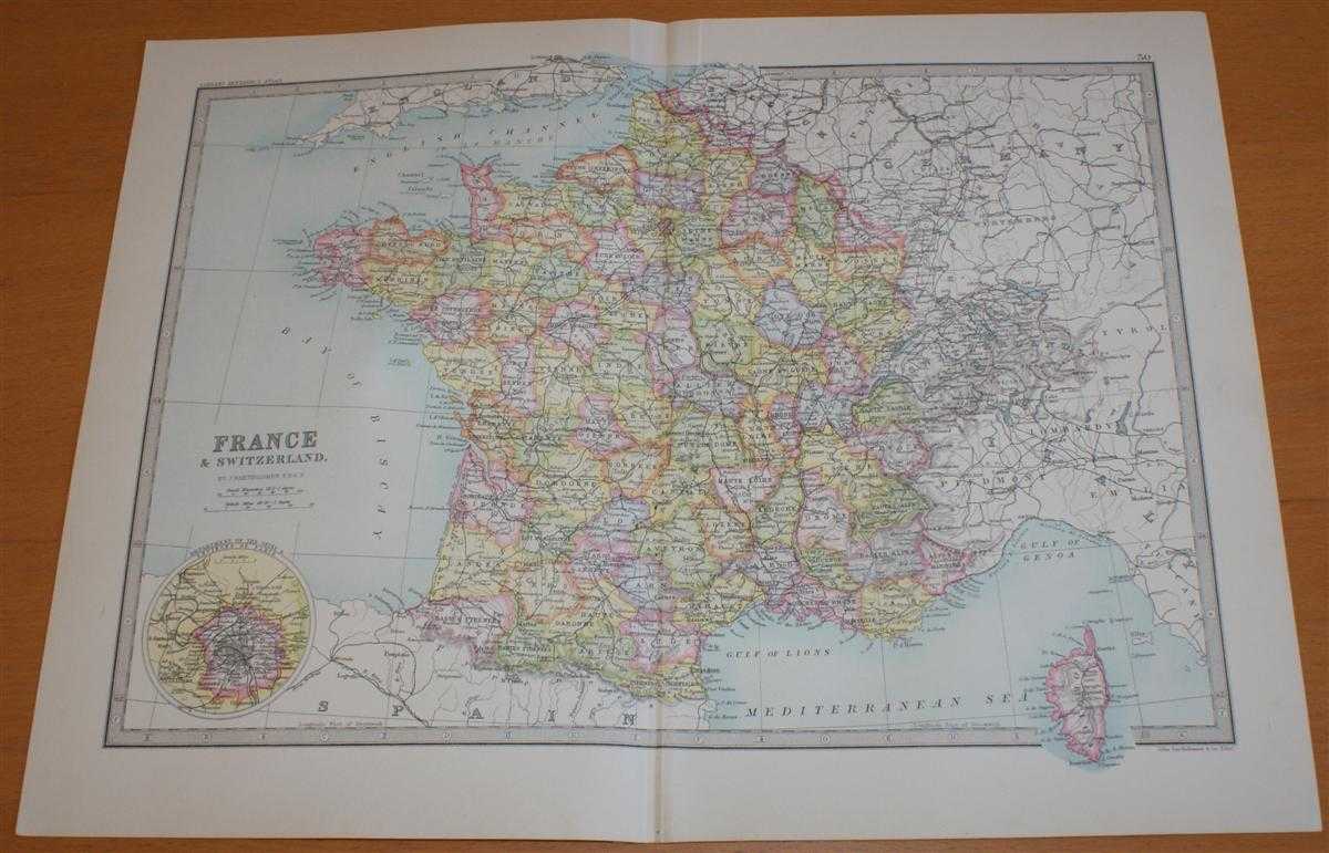John Bartholomew - Map of France and Switzerland (including Corsica) - Sheet 30 disbound from the 1890 'The Library Reference Atlas of the World'