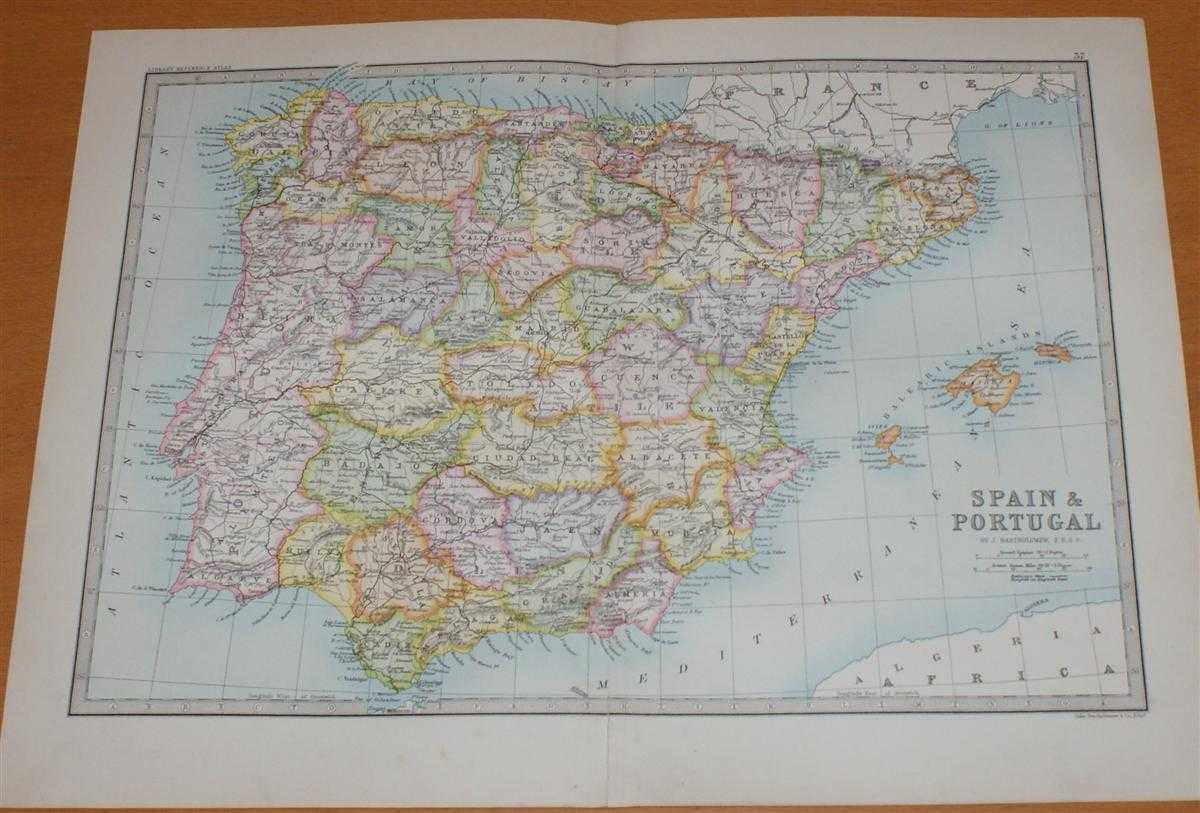 John Bartholomew - Map of Spain and Portugal (with the Balearic Islands and Andorra) - Sheet 37 disbound from the 1890 'The Library Reference Atlas of the World'