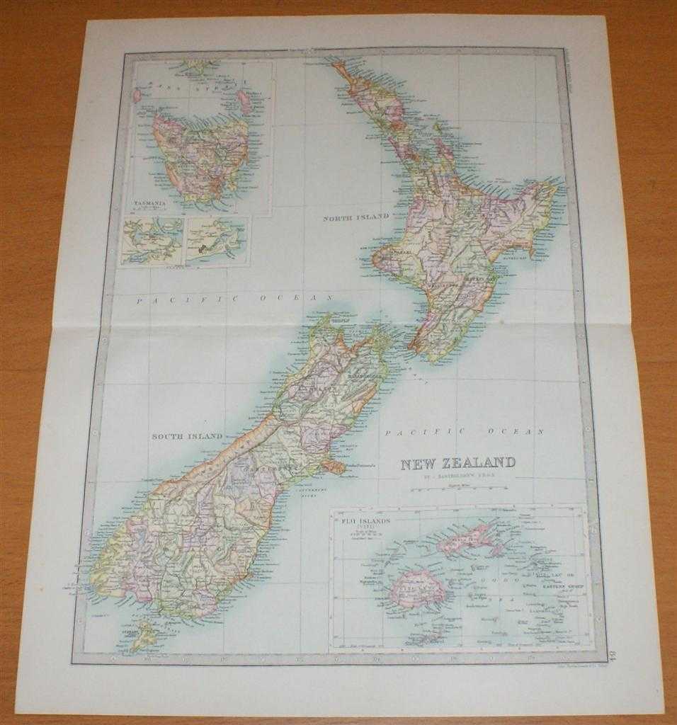 John Bartholomew - Map of New Zealand, Tasmania and Fiji Islands - Sheet 84 disbound from the 1890 'The Library Reference Atlas of the World'