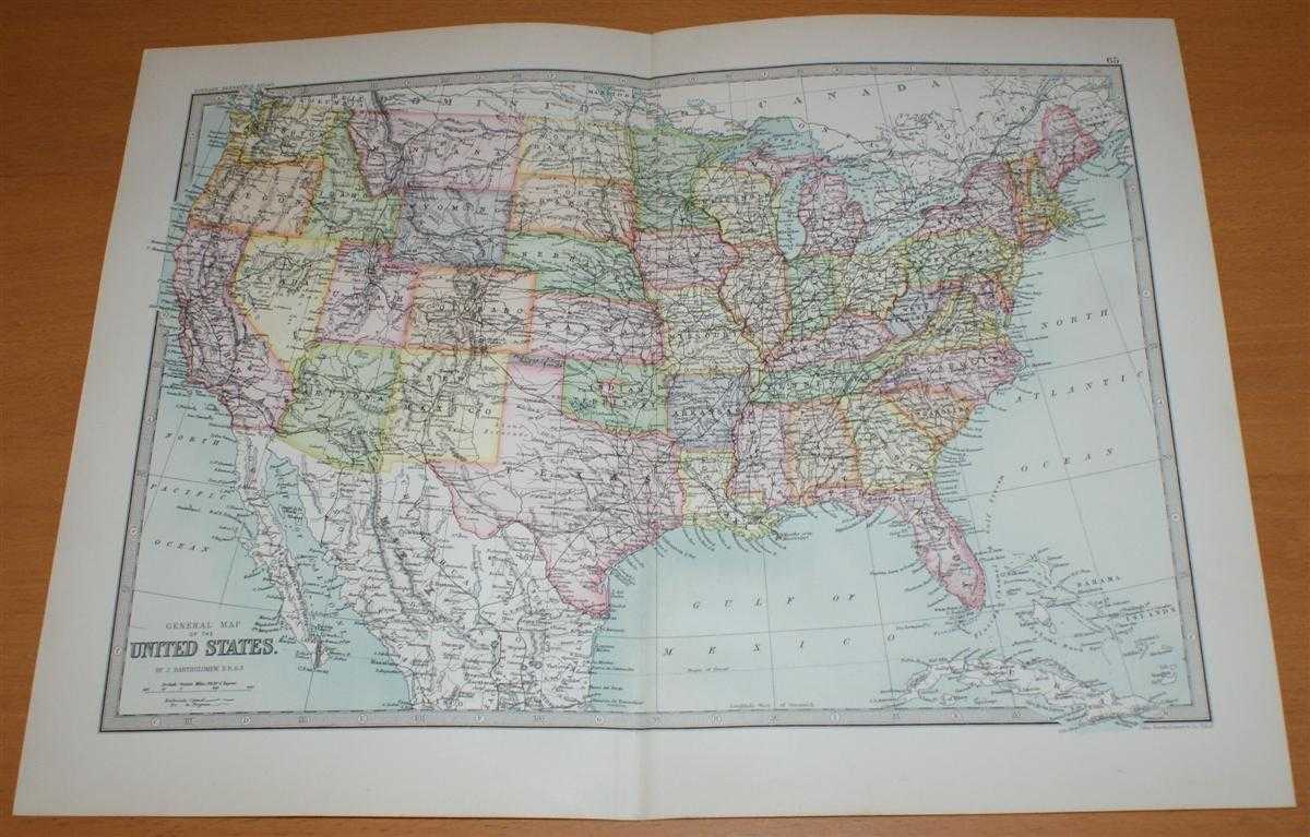 John Bartholomew - Map of the United States of America (USA) - Sheet 65 disbound from the 1890 'The Library Reference Atlas of the World' with Railroads Opened and In Progress