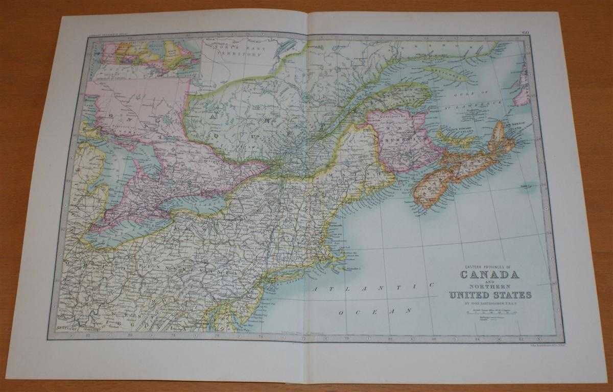 John Bartholomew - Map of 'Eastern Provinces of Canada and Northern United States' - Sheet 60 disbound from the 1890 'The Library Reference Atlas of the World' with Nova Scotia, New Brunswick, Maine, New York, Pennsylvania, and parts of Quebec and Ontario