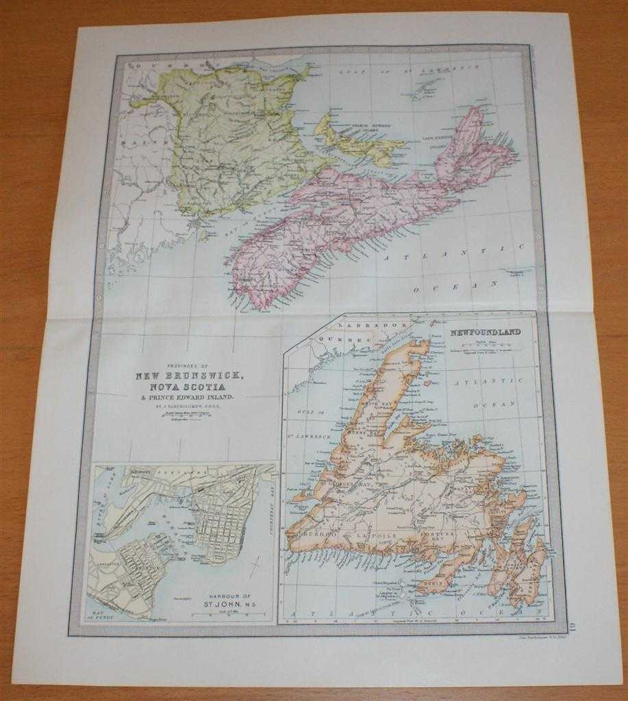 John Bartholomew - Map of Newfoundland, New Brunswick, Nova Scotia & Prince Edward Island - Sheet 61 disbound from the 1890 'The Library Reference Atlas of the World', 'Canada Lower Provinces' with Plan of St John Harbour