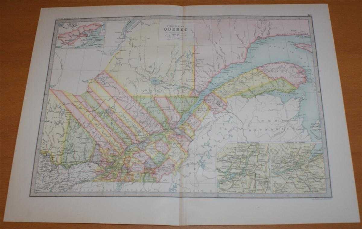 John Bartholomew - Map of 'Province of Quebec' - Sheet 62 disbound from the 1890 'The Library Reference Atlas of the World' with inset panels showing Environs of Montreal and Quebec