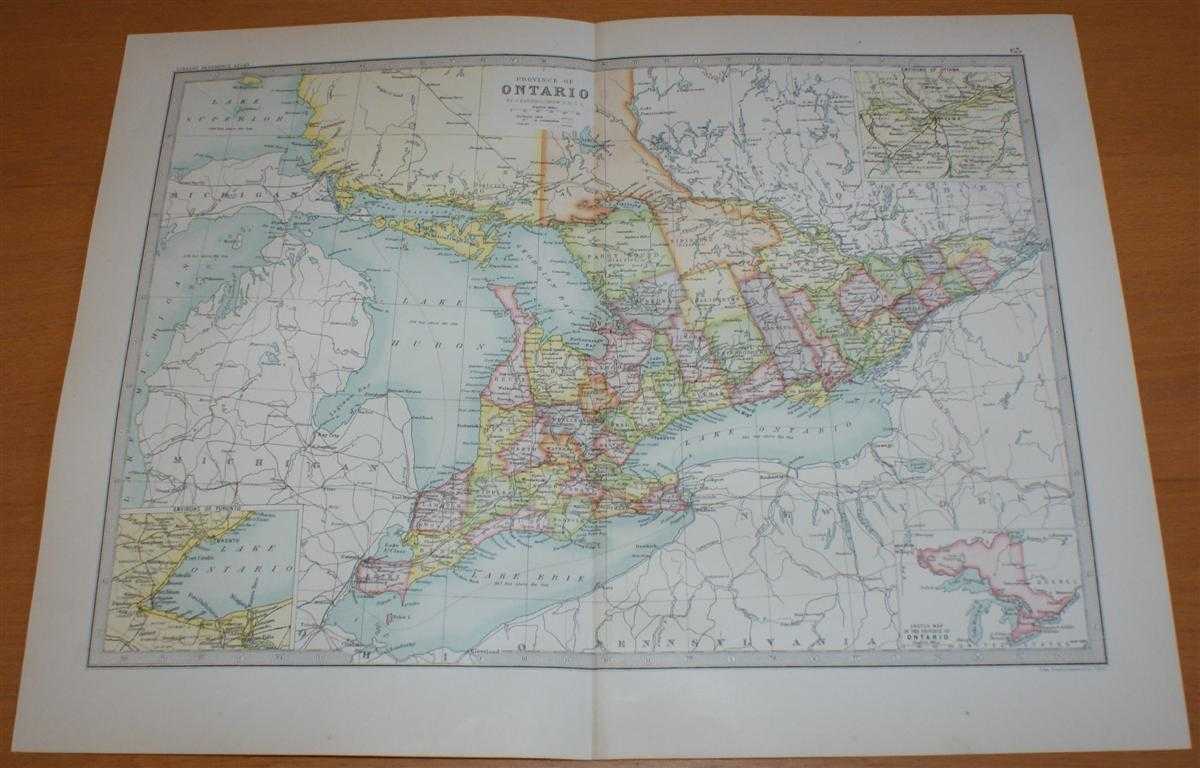 John Bartholomew - Map of 'Province of Ontario' - Sheet 63 disbound from the 1890 'The Library Reference Atlas of the World' with inset panels showing Environs of Toronto and Ottawa