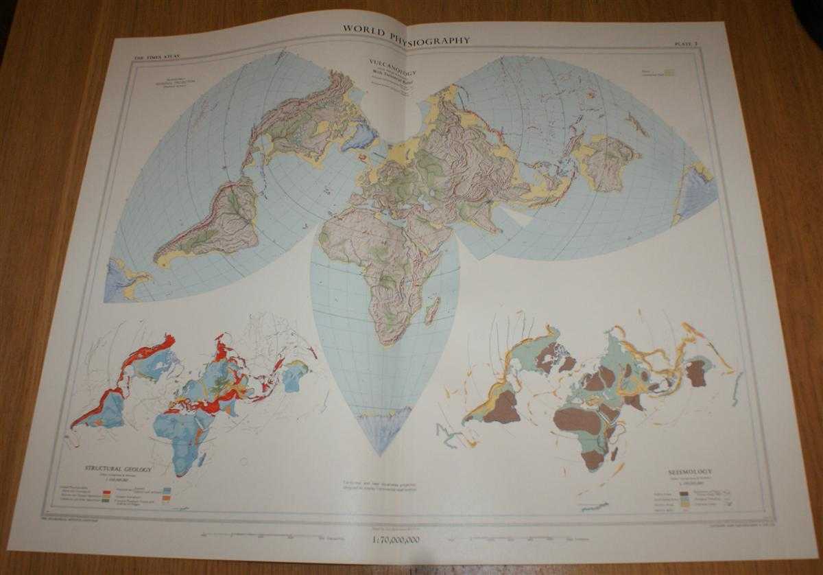 John Bartholomew - Map showing World Physiography (Bartholomew's 'Regional' Projection); Vulcanolgy, Structural Geology and Seismology - Plate 1 disbound from 1958 Mid-Century Times Atlas of the World