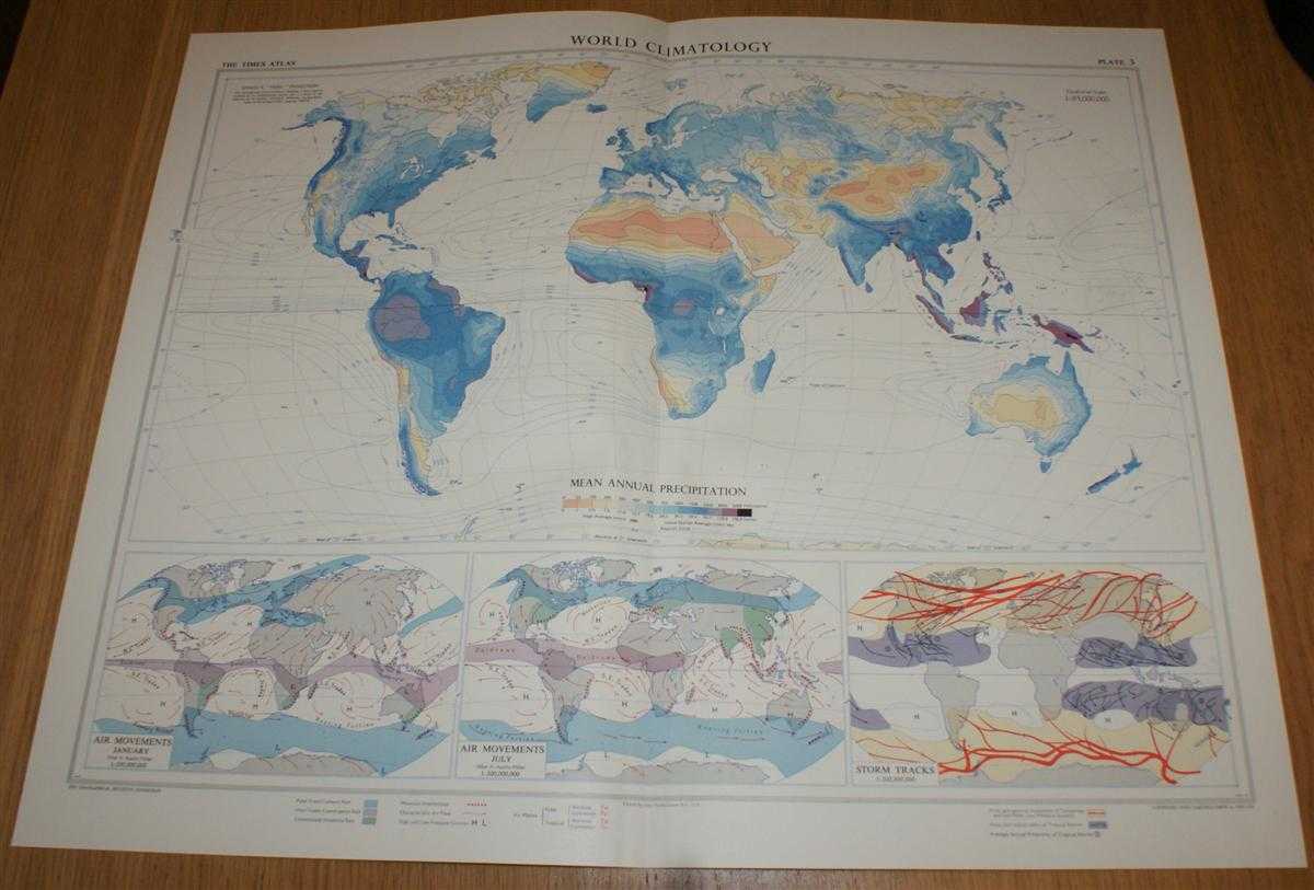 John Bartholomew - Map showing World Climatology (Winkel's 'Tripel' Projection); Mean Annual Precipitation, Air Movements and Storm Tracks - Plate 3 disbound from 1958 Mid-Century Times Atlas of the World