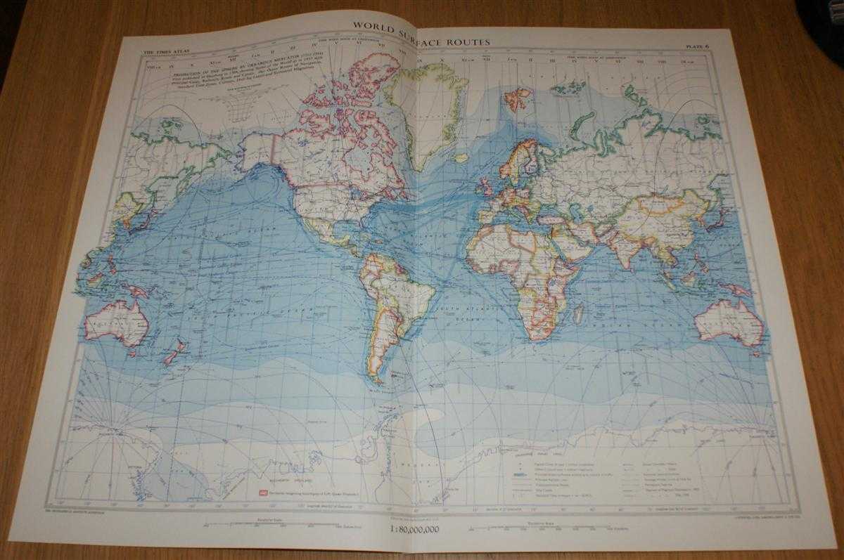 John Bartholomew - Map showing 'World Surface Routes' - Plate 6 disbound from 1958 Mid-Century Times Atlas of the World showing Ocean Currents, Transport Routes and Standard Time Differences across the World
