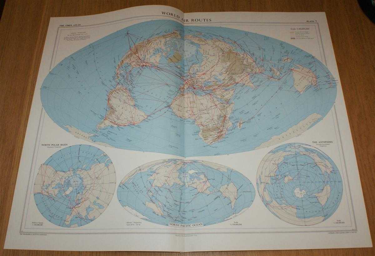 John Bartholomew - Map showing 'World Air Routes' - Plate 7 disbound from 1958 Mid-Century Times Atlas of the World using Bartholomew's 'Nordic' Projection