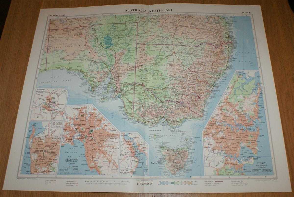 John Bartholomew - Map of 'Australia South-East' - Plate 12 disbound from 1958 Mid-Century Times Atlas of the World, including South Australia, New South Wales, Victoria, Tasmania with plans of Sydney and Melbourne
